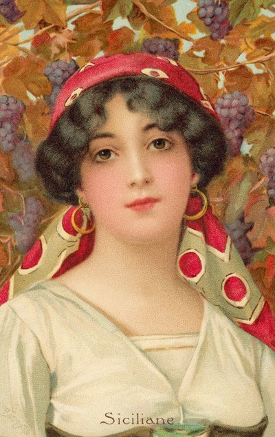 西西里妇女与葡萄藤的肖像（彩色石版画） 作者 乔瓦尼·巴巴罗