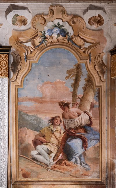 Palazzina（小楼）：阿里奥斯托的第二个房间或房间，壁画表现了《奥兰多-浮世绘》中的情节："当归和梅多罗在植物的树皮上刻下自己的名字 作者 乔凡尼·巴蒂斯塔·提埃波罗