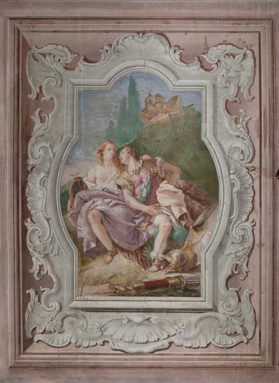 Palazzina（小建筑）：第四个房间或托尔夸托塔索的景观，壁画代表“耶路撒冷交付”的情节：“里纳尔多和阿尔米达在迷人的花园里，乌巴尔多和卡洛秘密观察” 作者 乔凡尼·巴蒂斯塔·提埃波罗