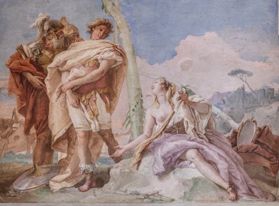 Palazzina（小楼）：第四个房间或托尔夸托-塔索的视角，自由壁画表现了 "耶路撒冷的解救 "中的情节："里纳尔多在乌巴尔多和卡罗的护送下抛弃了阿米达 作者 乔凡尼·巴蒂斯塔·提埃波罗