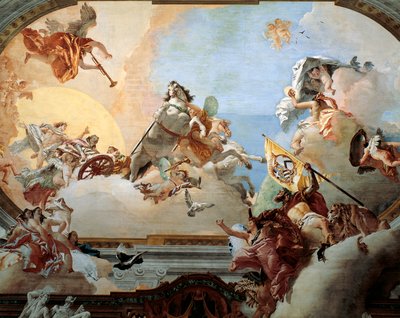 1758 年为 Lodovico Rezzonico 和高贵的威尼斯人 Faustina Savorgnan 的婚姻创作的寓言，由 Giambattista Tiepolo（1696-1770）创作，壁画，Ca