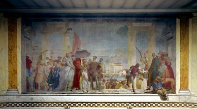 法国国王亨利三世（1551-1589）于 1574 年在威尼斯被费德里科·孔塔里尼（Federico Contarini）在米拉别墅的入口处收到。 乔瓦尼·提埃波罗 (1696-1770) 的绘画 作者 Giovanni Battista Tiepolo