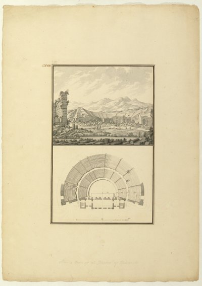 希拉波利斯剧院（现在的Pamukkale）的观点和计划，1750年（笔和墨水在纸上洗） 作者 乔瓦尼·巴蒂斯塔·博拉