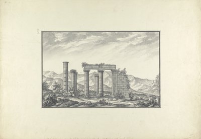 在Sardis的一个离子寺庙的废墟的看法，可能是海王星寺庙，c.1750（灰色洗涤，钢笔＆墨水和铅笔在纸上） 作者 乔瓦尼·巴蒂斯塔·博拉