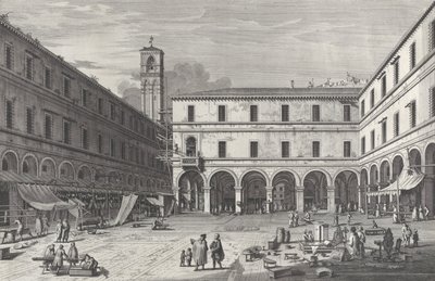 圣贾科莫教堂附近的市场广场景观，1763年。, 1763年。 作者 乔瓦尼·巴蒂斯塔·布罗斯托洛尼