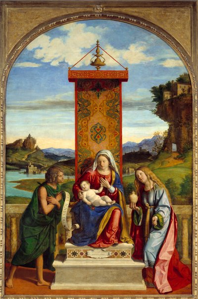 圣母在施洗者圣约翰和抹大拉的圣玛丽之间有一个孩子。 Cima Da Conegliano (1459-1517) 的绘画 作者 乔瓦尼·巴蒂斯塔·西玛·达·科内利亚诺