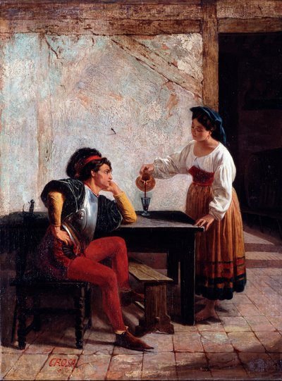 客栈中的年轻仆人和一名士兵 乔瓦尼-巴蒂斯塔-克罗萨（1859-1882 年间活跃）的画作 1865 尺寸 98x64 厘米 热内卢，现代艺术画廊，编号 107 作者 乔瓦尼·巴蒂斯塔·克罗萨