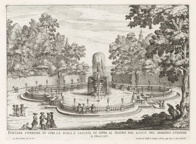 Fontein in de tuinen van de Villa Torlonia te Frascati
阶梯顶端的上部喷泉和剧院上方的瀑布（......）（物品上的标题）
弗拉斯卡蒂别墅中的喷泉（系列标题）
弗拉斯卡蒂的喷泉（系列标题） 作者 乔瓦尼·贾科莫·德罗西