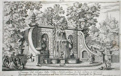 弗拉斯卡蒂Aldobrandina别墅的剧院喷泉，约1675年，来自1687年前出版的《Le Fontane》（雕刻）。 作者 乔瓦尼·巴蒂斯塔·法尔达