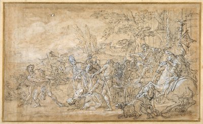 Captives, including a bishop, dragged and bound before the triumphal car of a Roman general (pen & brown ink, pen heightened with white body colour, over preliminaries in black chalk on cream paper) 作者 乔瓦尼·巴蒂斯塔·莱纳迪