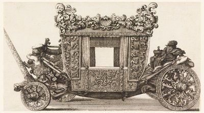 卡斯特尔曼勋爵的第一辆马车（1686 年）侧视图，由安德烈亚-科尔内利于 1686 年仿照西罗-费里（1687-1700 年）建造 作者 乔瓦尼·巴蒂斯塔·莱纳迪