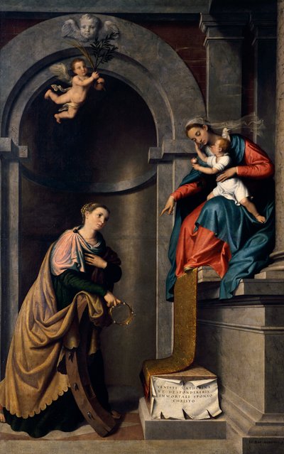 圣凯瑟琳的婚礼，乔瓦尼·巴蒂斯塔·莫罗尼（Giovanni Battista Moroni，1525 年 - 1578 年左右），布面油画，阿尔门诺圣巴塞洛缪教堂 作者 乔瓦尼·巴蒂斯塔·莫罗尼