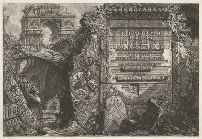 展示古代遗迹和凯旋门的正面插图
Le Antichità Romane》第一卷封面插图
Urbis aeternae vestigia e r uderibus temporumque iniriis vindicata aeneis tabulis incisa I. B. Pranesius Venet Romae degens aevo suo posteris et utilitati 作者 乔凡尼·巴蒂斯塔·皮拉涅西