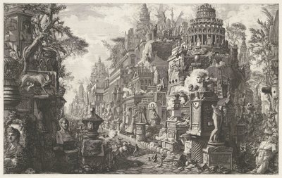 正面小插图，幻想再现古阿皮亚之路
Le Antichità Romane》第二卷的正面插图
Antiquus bivii viarum appiae et ardeatinae prospectus ad II lapidam extra portam capenam（标题见实物）
和的考古发现 作者 乔凡尼·巴蒂斯塔·皮拉涅西