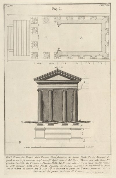 从1756年开始建造的Fortuna Virilis Tempio della Fortuna Virile神庙的平面图和正面。 作者 乔凡尼·巴蒂斯塔·皮拉涅西