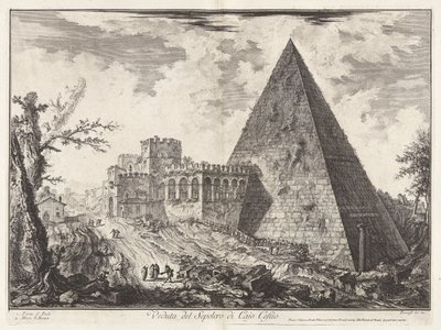 Veduta del Sepolcro di Cajo Cestio（凯厄斯-凯斯提乌斯金字塔陵墓景观[左侧为圣保罗门]），选自《罗马景观》。 作者 乔凡尼·巴蒂斯塔·皮拉涅西