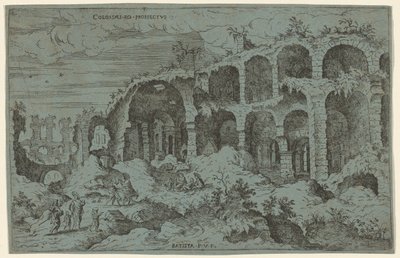 科罗萨伊人。罗。Prospectus.3 (罗马斗兽场的第三景) 作者 Giovanni Battista Pittoni，模仿 Hieronymus Cock