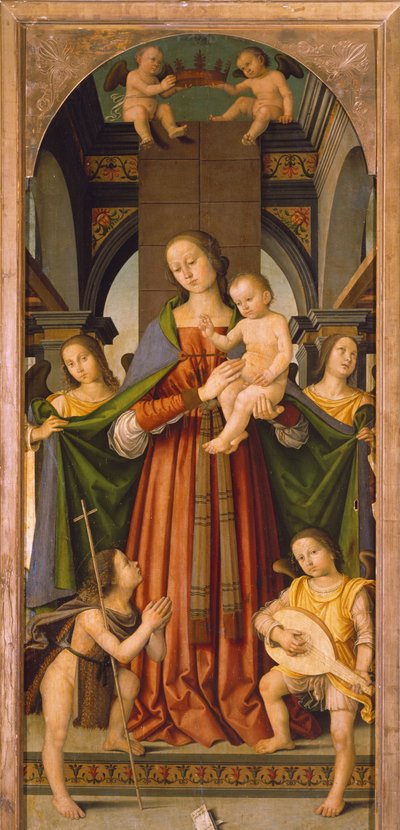 圣母与圣婴，圣母与圣婴三联画（绘画）中央画板 作者 乔瓦尼·巴蒂斯塔老贝尔图奇