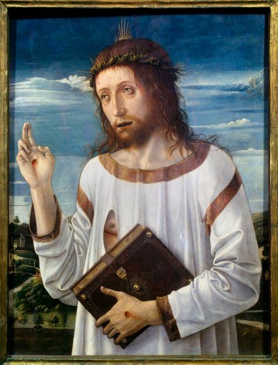 Giovanni Bellini dit il Giambellino (1430-1516) 1460 Sun.0.58x0.46 m - 基督祝福。 Giovanni Bellini 的画作 Giambellino (1430-1516) 1460。0.58 x 0.46 m。 巴黎卢浮宫博物馆 作者 乔凡尼·贝里尼（Giovanni Bellini）