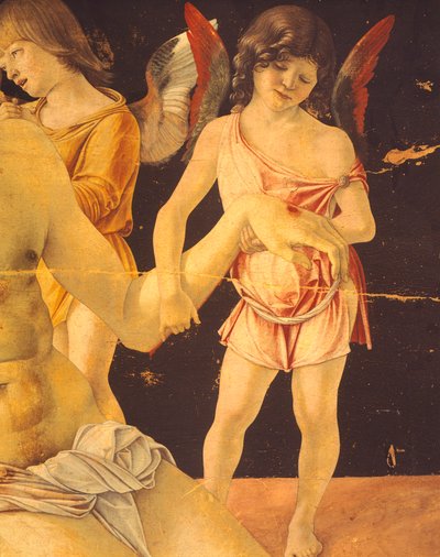 《圣母怜子图》或由天使支持的死去的基督，约 1474 年，乔瓦尼·贝利尼 (Giovanni Bellini)（1431-36 - 1516）创作，画在面板上，蛋彩画，91x131 厘米。 细节。 作者 乔凡尼·贝里尼（Giovanni Bellini）