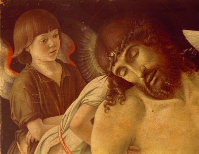 《圣母怜子图》或由天使支持的死去的基督，约 1474 年，乔瓦尼·贝利尼 (Giovanni Bellini)（1431-36 - 1516）创作，画在面板上，蛋彩画，91x131 厘米。 细节。 作者 乔凡尼·贝里尼（Giovanni Bellini）