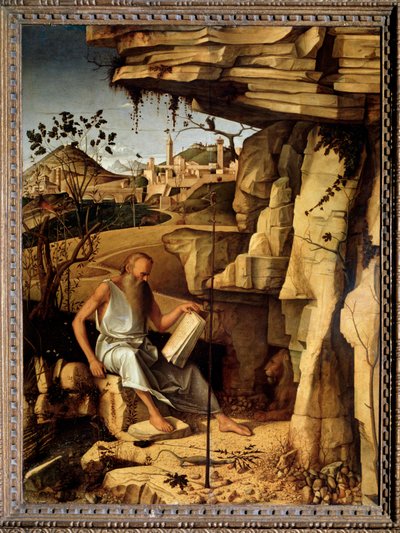 圣杰罗姆在沙漠中 乔瓦尼-贝利尼（Giovanni Bellini）（约1430-1516）的画作 1479年 Dim 145x114 cm 佛罗伦萨皮蒂宫 作者 乔凡尼·贝里尼（Giovanni Bellini）