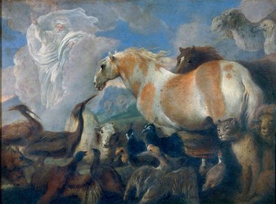 创造》（Genese）。Giovanni Benedetto Castiglione（1610-1665 年）的绘画，纸上水彩，17 世纪早期。意大利艺术（日内瓦） 作者 乔凡尼·贝内代托·卡斯蒂廖内
