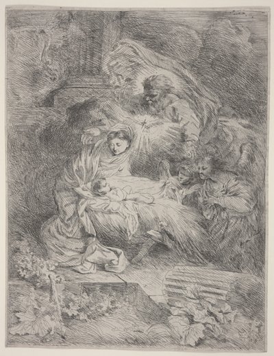 与父亲神，圣灵鸽子和天使的诞生，约1645年（蚀刻） 作者 乔凡尼·贝内代托·卡斯蒂廖内