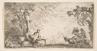 一个色狼，斜倚在普里珀斯（Priapus）雄蕊的脚下，右边是山羊。 1645-48。 作者 乔凡尼·贝内代托·卡斯蒂廖内