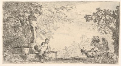 一个色狼，斜倚在普里珀斯（Priapus）雄蕊的脚下，右边是山羊。 1645-48。 作者 乔凡尼·贝内代托·卡斯蒂廖内