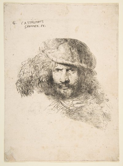 戴羽毛帽的男人的头，可能是贝尔尼尼，可能是自画像。 1645-1650。 作者 乔凡尼·贝内代托·卡斯蒂廖内