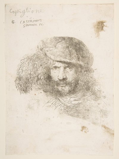戴羽毛帽的人的头，可能是贝尔尼尼，可能是自画像。 1645-1650。 作者 乔凡尼·贝内代托·卡斯蒂廖内