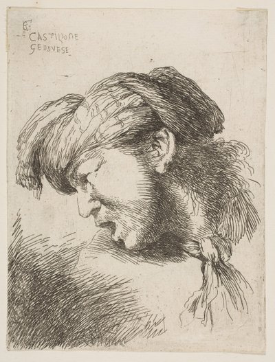 戴头巾的男子，一条领带，系在脖子上，朝左，从1645-1650系列开始。 作者 乔凡尼·贝内代托·卡斯蒂廖内
