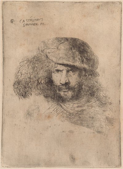 自画像(?)，戴着有羽毛的帽子["贝尔尼尼的肖像"] 作者 Giovanni Benedetto Castiglione