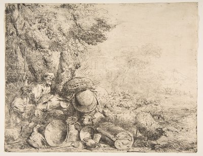 两只牧羊人，一头驴和其他动物在风景中，ca。 1638-1640。 作者 乔凡尼·贝内代托·卡斯蒂廖内
