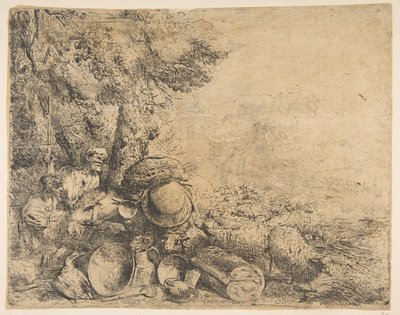 两只牧羊人，一头驴和其他动物在风景中，ca。 1638-1640。 作者 乔凡尼·贝内代托·卡斯蒂廖内
