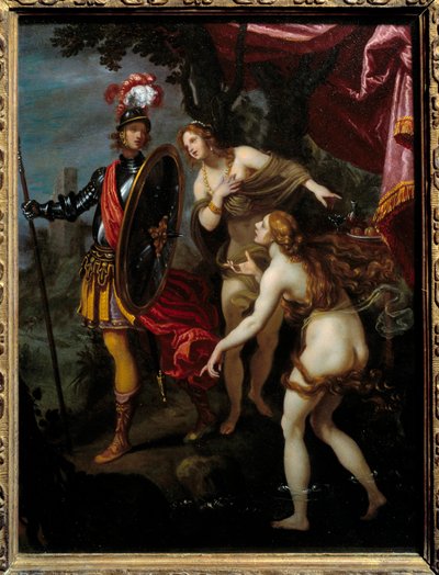 卡洛和乌巴多去找送货人里纳尔多 托尔卡托-塔索（称为穆格）的《耶路撒冷的交货》（La gerusalemme liberata）场景的插图。Giovanni Bilivert (1576-1644) 16世纪的画作 作者 乔凡尼·比利维蒂（Giovanni Biliverti）