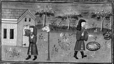 十日谈》，弗雷德里克敲开了苔莎夫人的家门；他在一棵桃树下找到了食物和美酒。第七天，短篇小说 1 作者 乔瓦尼·薄伽丘