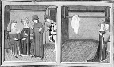 十日谈》，弗朗切斯科-韦尔盖莱西允许齐玛与他的妻子交谈；齐玛和弗朗切斯科的妻子交换了一个吻。第三天，短篇小说 5 作者 乔瓦尼·薄伽丘