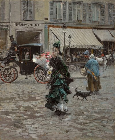 过马路时。 1873年？75 作者 乔凡尼·博尔迪尼（Giovanni Boldini）