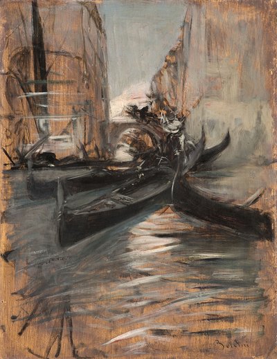 有长平底船的运河，威尼斯，意大利，1910-14 作者 乔凡尼·博尔迪尼（Giovanni Boldini）