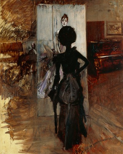 乔万尼-博尔迪尼(1842-1931)在画家的工作室里面对白色粉笔画的女士 作者 乔凡尼·博尔迪尼（Giovanni Boldini）