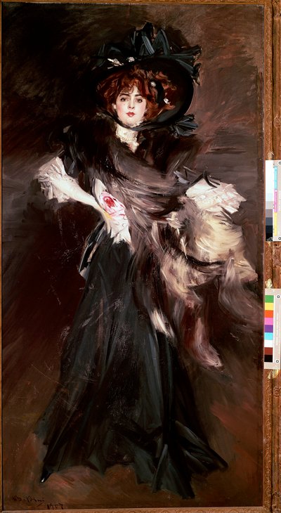 Mademoiselle Lantelme 肖像 年轻女子穿着黑色时尚 Belle Epoque。 Giovanni Boldini (1842-1931) 1907 Sun. 227x118 cm 罗马，国家现代艺术画廊 作者 乔凡尼·博尔迪尼（Giovanni Boldini）