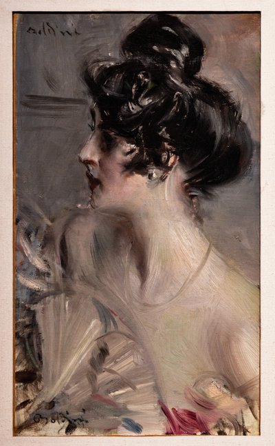 一位梳着发髻的年轻黑发女士的简介 作者 乔凡尼·博尔迪尼（Giovanni Boldini）