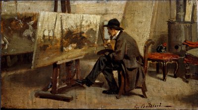 The painter Giovanni Fattori in his workshop Painting attributed to Giovanni Boldini (1842-1931) 1863-1869 Sun. 13x24 cm Milan private collection 作者 乔凡尼·博尔迪尼（Giovanni Boldini）
