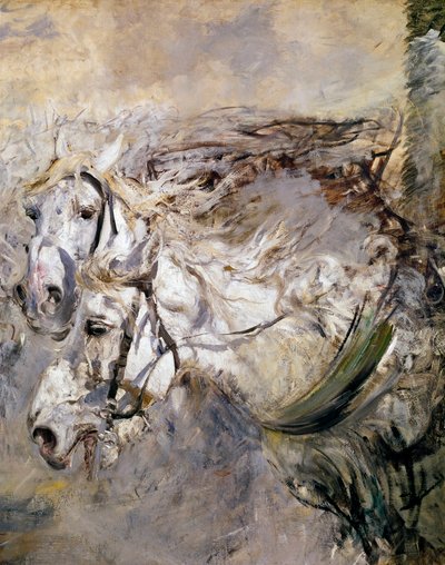 两匹白马 乔万尼-波尔迪尼(1842-1931)的画作 1874年 昏暗。153x122厘米 皮斯托亚，波尔迪尼收藏品 作者 乔凡尼·博尔迪尼（Giovanni Boldini）