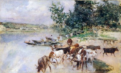 Giovanni Boldini (1842-1931) 在塞纳河给牛浇水 作者 乔凡尼·博尔迪尼（Giovanni Boldini）