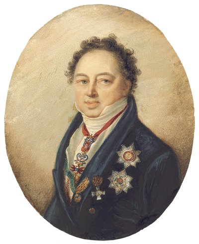 伯爵德米特里·帕夫洛维奇·塔蒂什切夫（Dmitry Pavlovich Tatishchev），穿着蓝色外套，白色背心和股票向左 作者 乔凡尼·多梅尼科·博西（Giovanni Domenico Bossi）