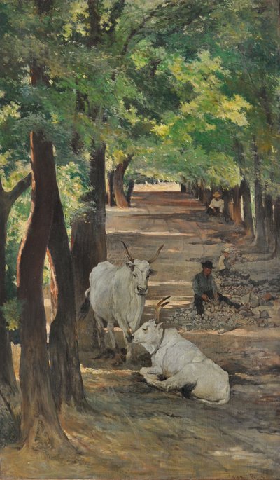 有牛和碎石机的大道，约 1875 年（布面油画） 作者 乔凡尼·法托里（Giovanni Fattori）