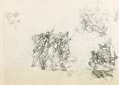 三张士兵团体的草图（黑色铅笔）。 作者 乔凡尼·法托里（Giovanni Fattori）